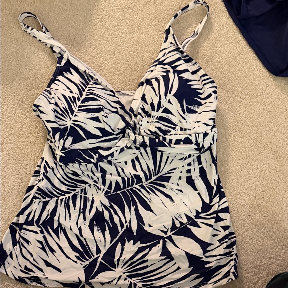 Talbots Blue and White Leaf Print Swim Top